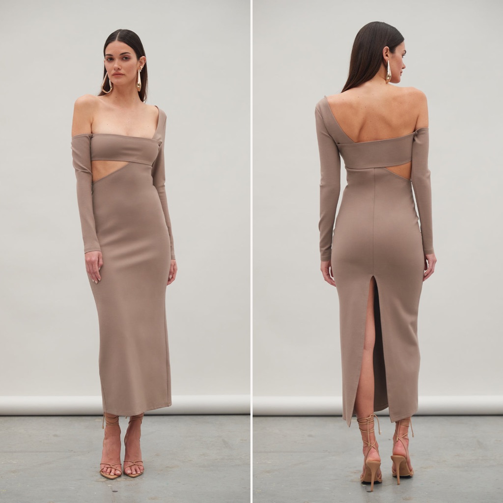 Nwt | Atoir | The Sonata One Shoulder Cut Out Midi Dress In Mocha | Sz 6